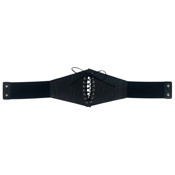 Black Faux Leather Corset Lace-Up Front Snap Closure Croc-Embossed Wide Belt - Picture 5 of 14